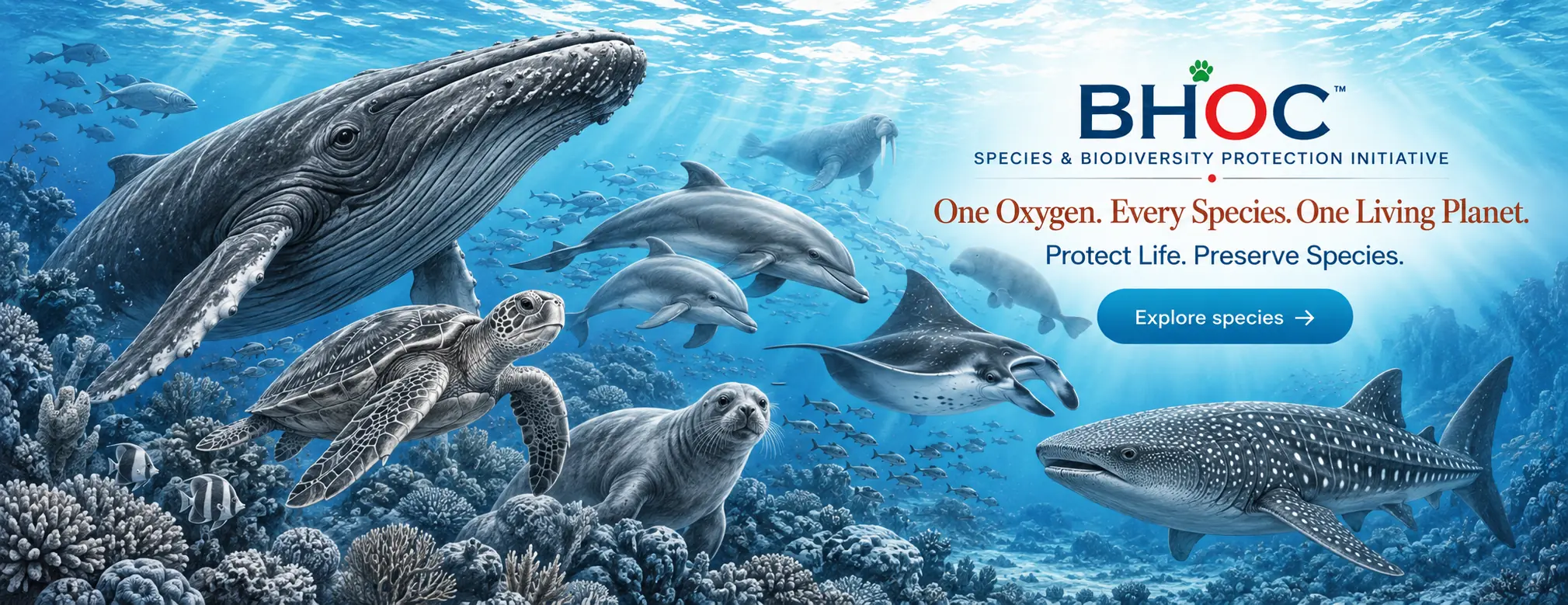 BHOC ocean wildlife scene with humpback whale, dolphins, sea turtle, manta ray, seal, walrus, dugong, whale shark, fish and coral reef