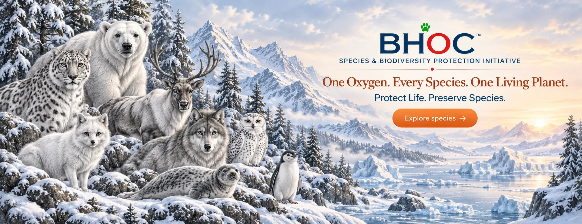 BHOC winter wildlife scene with polar bear, snow leopard, reindeer, wolf, Arctic fox, snowy owl, seal and penguin