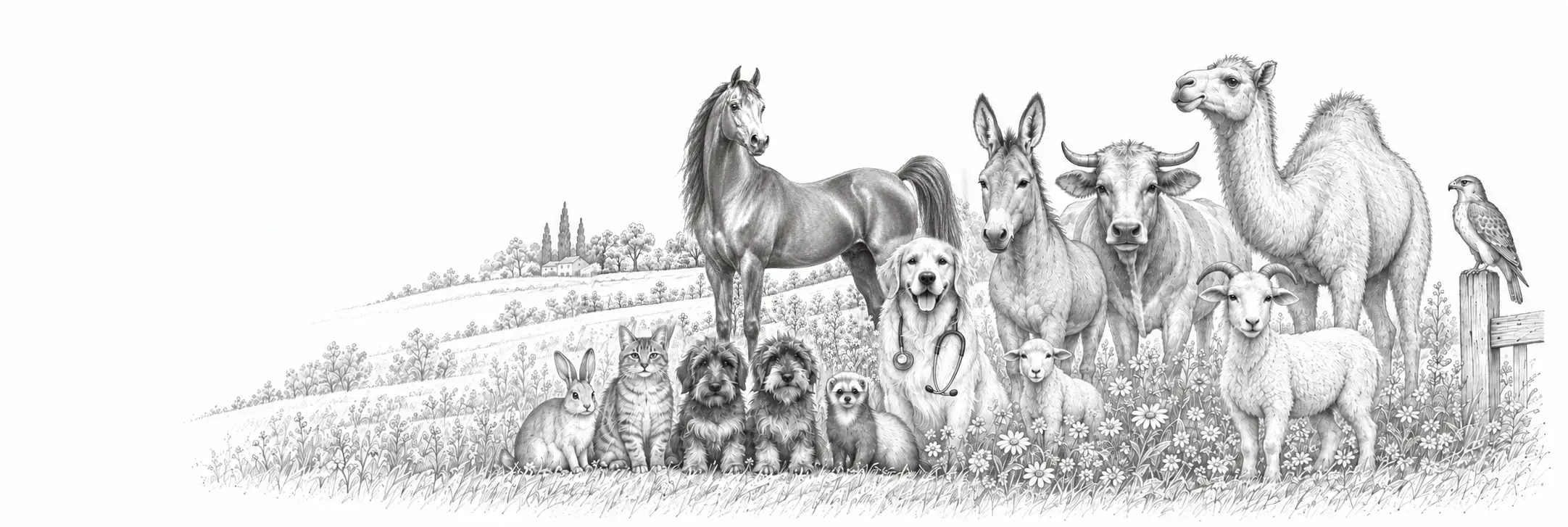 Graphite panorama with Rem, Evchika, an Arabian horse standing with the veterinary retriever and donkey, and other domestic animals.