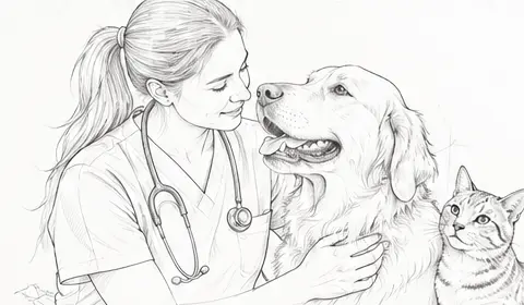 Graphite illustration of a veterinarian caring for a dog beside a cat